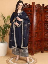 Women Navy Blue Silk Blend Solid Straight Kurta Palazzo Set With Dupatta